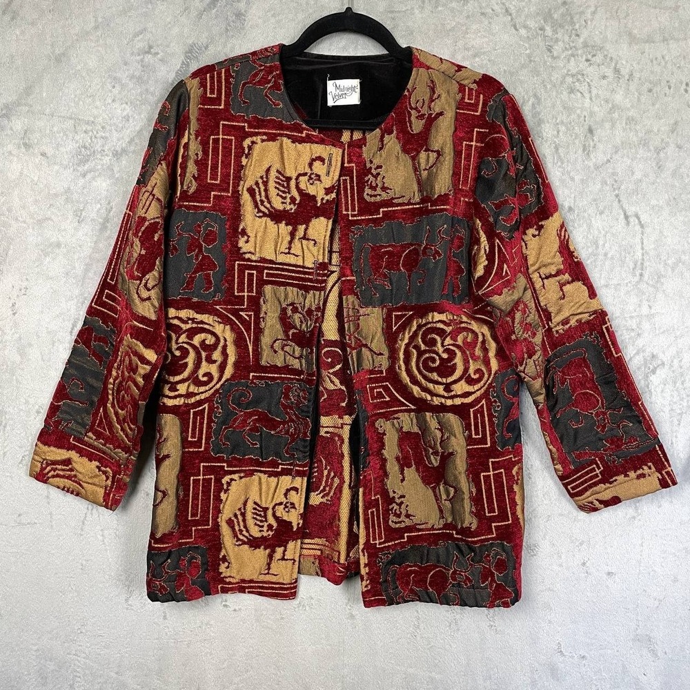 Vintage Midnight Velvet Tapestry Jacket Size M Art to Wear Boho Red Gold